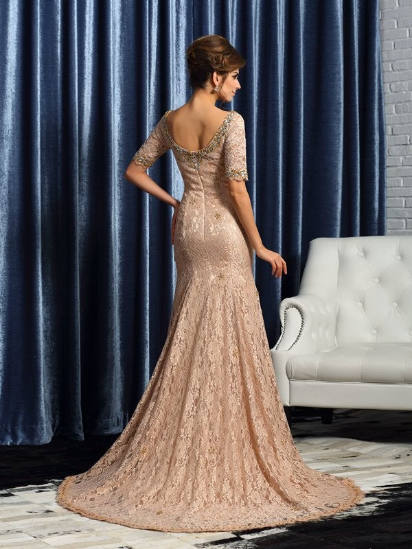 Luolandi V-neck Lace Sleeves Long Woven Satin Mother of the Bride Dresses Beautiful